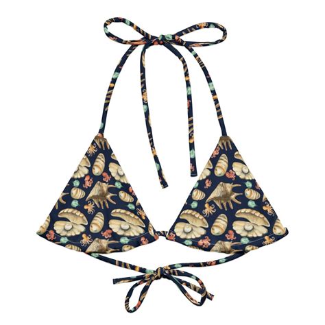 Seashells Bikini Top Black String Bikini Separates Sealife Bikini Top