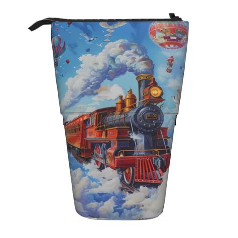 Lsque Cartoon Train Hot Air Balloon Pattern Telescopic Pencil Bag Pen Holder Stationery Case