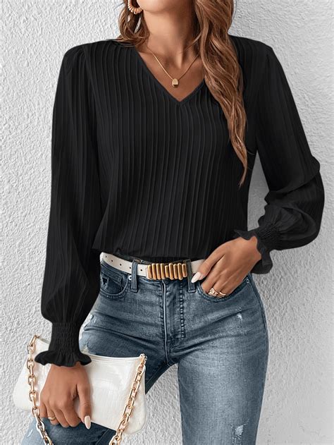 Shein Clasi Blusa De Manga Con Volante De Cuello V De Manga Farol