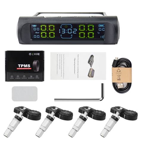 TPMS Wireless Tire Pressure Monitoring System Solar Power Clock LCD