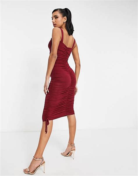 Asos Design Ruched Sweetheart Body Conscious Midi Dress In Red Asos