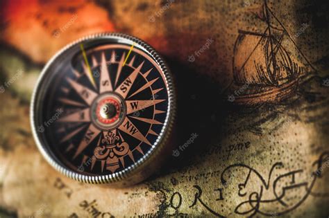 Premium Photo | Closeup of an old compass on an old map