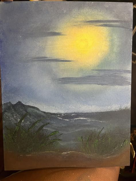 New To Art My First Attempt At A Sea Scape Inspired By Bob Ross Used Acrylics Instead Of Oil