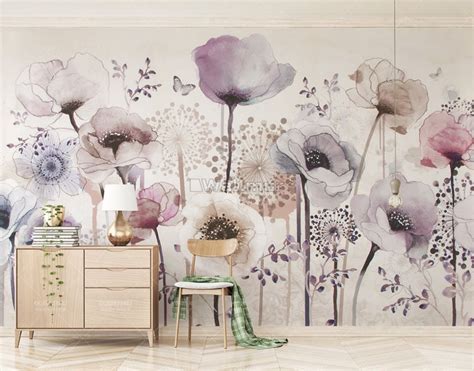 Watercolor Dark Poppy Flowers Wallpaper Mural Large Floral Wallpaper