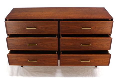 Danish Mid Century Modern Oiled Walnut Six Drawer Dresser With Brass