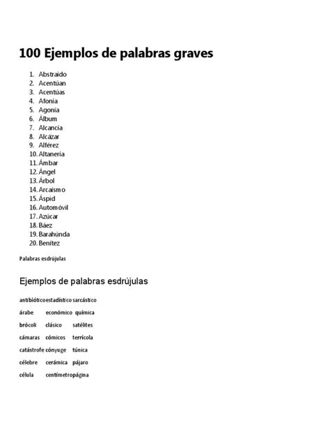 100 Ejemplos De Palabras Graves Pdf