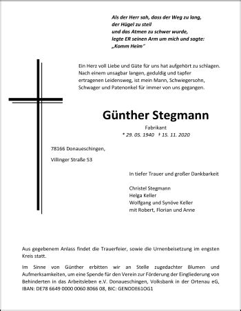 Traueranzeigen Von G Nther Stegmann Schwarzw Lder Bote Trauer