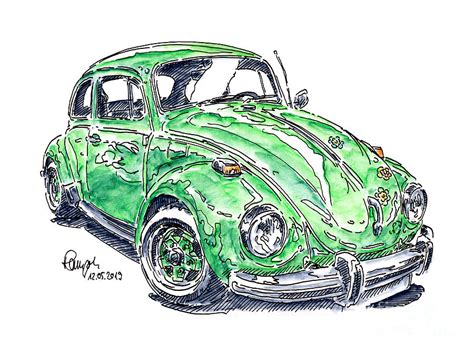 Vw Beetle 1302 Ls 1971 Classic Car Ink Drawing And Watercolor Drawing By Frank Ramspott Fine