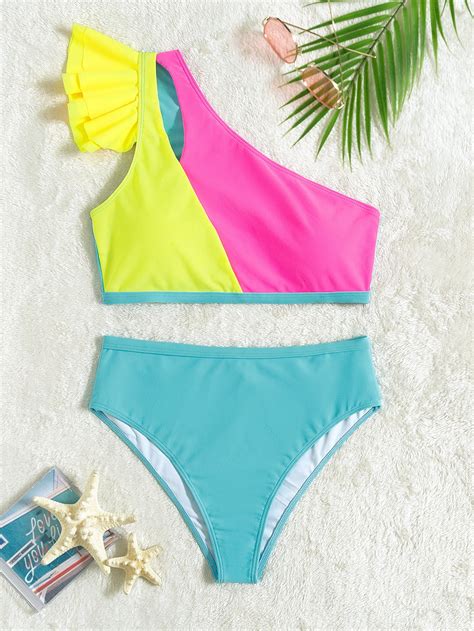 Colorblock Bikini Set Ruffle Trim Cut Out Wireless Bra Top High Waist