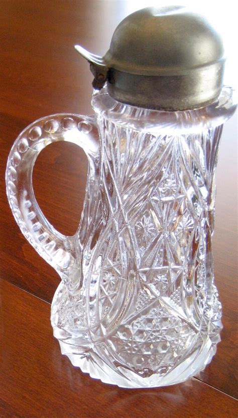 Syrup Pitcher Pressed Cut Glass With Metal Dome Top Lid Glass Creamer Pitcher Vintage Cruet