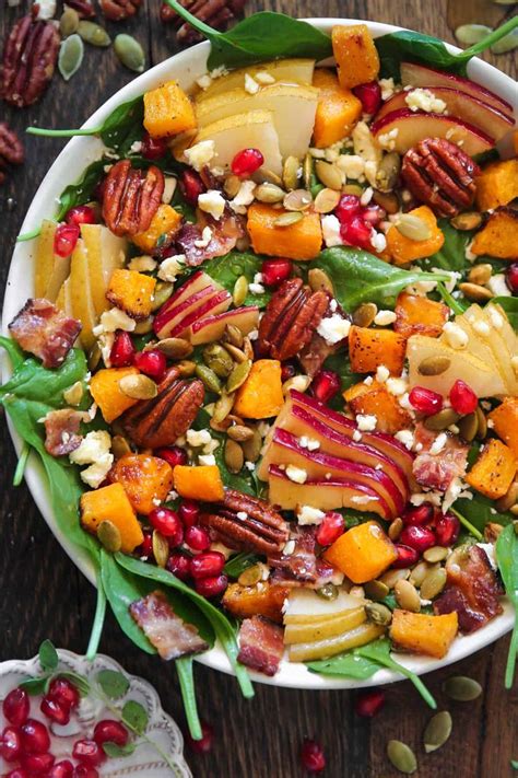 Delicious Fall Harvest Salad With Spinach Butternut Squash Apple Pear Pecans Bacon And