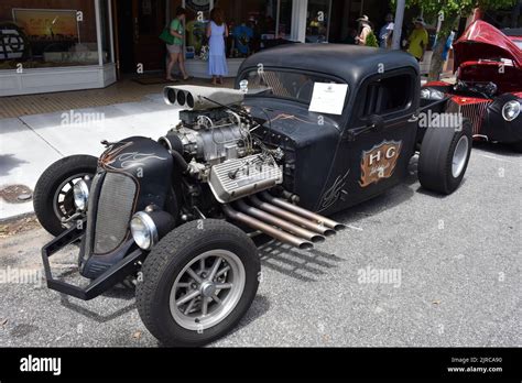 A Vintage Supercharged Hot Rod On Display At A Car Show Stock Photo Alamy