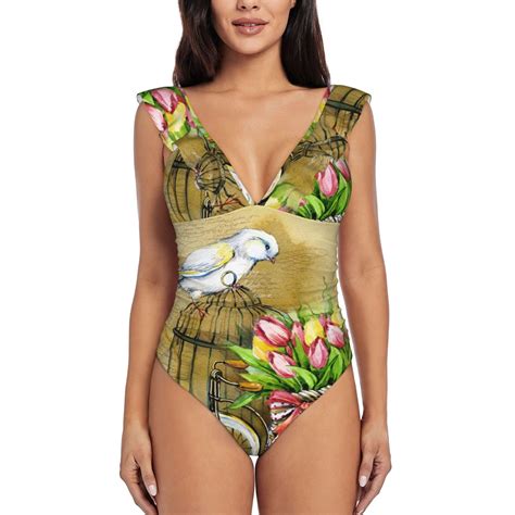 Bingfone Watercolor Canary Bird Print Women Ruffle One Piece Swimsuit