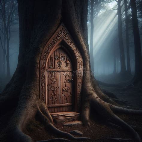 Fantasy Fairy Tale Door In A Tree Trunk In Dark Forest Stock