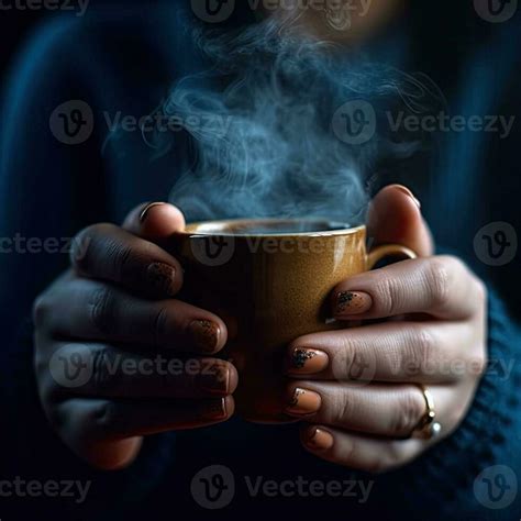 Close Up Hands Holding Hot Cup Of Coffee Generative Ai Stock