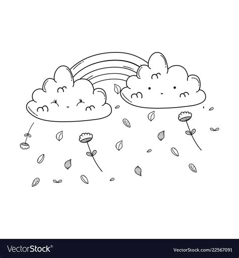 Cloud And Rainbow Cute Cartoon In Black White Vector Image