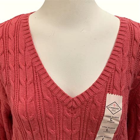 St Johns Bay Cable Knit Sweater Size Large V Neck Long Sleeve Mineral