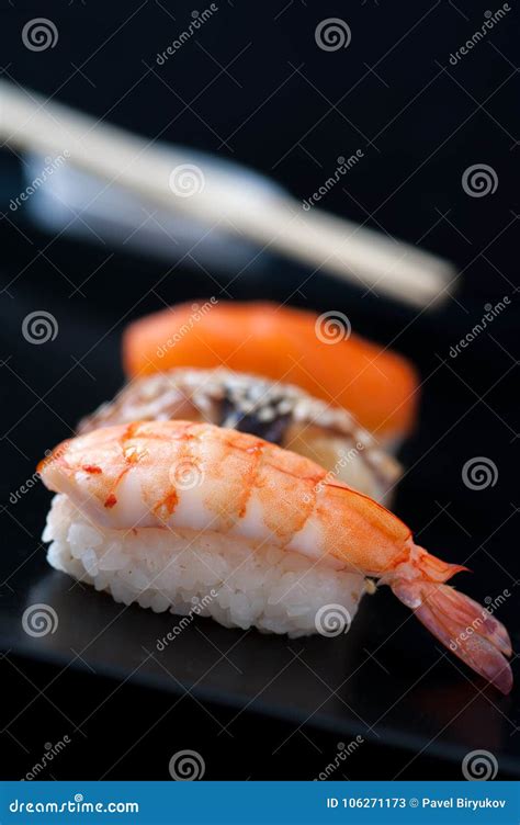 Sashimi Sushi Set On Black Plate Closeup Stock Image Image Of