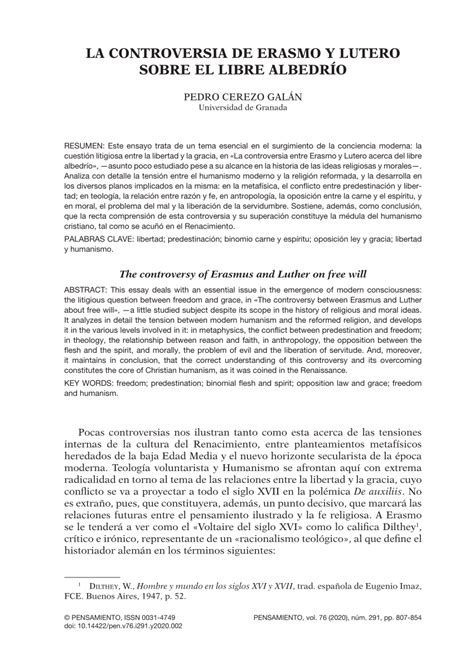 Pdf La Controversia De Erasmo Y Lutero Sobre El Libre Albedr O