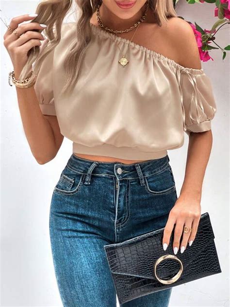 SHEIN Privé Asymmetrical Neck Puff Sleeve Crop Satin Blouse SHEIN USA