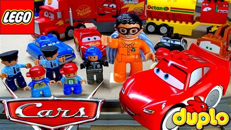 Lego Duplo Cars Mcqueen Disney Pixar Racing On Duplo Train Track Duplo Man Stops Lightning