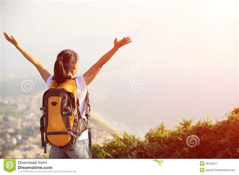 Thankful Hiking Woman Seaside Mountain Stock Image - Image of hiking ...