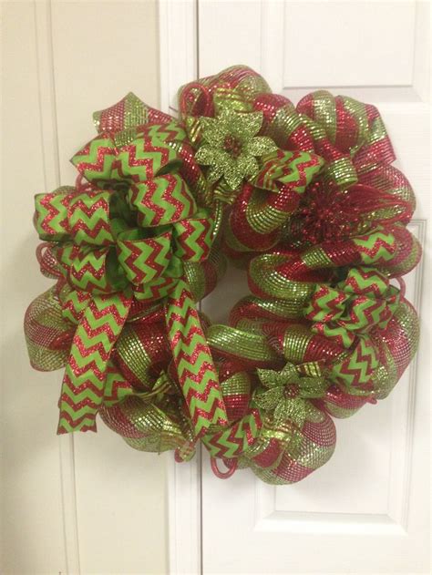 Christmas Wreath Made From Red And Green Sparkle Deco Mesh And Red And