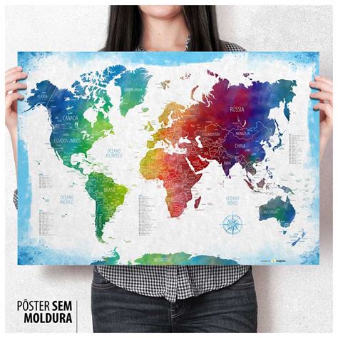 Pôster Mapa Múndi Color Aquarela Pins Adesivos para Marcar os