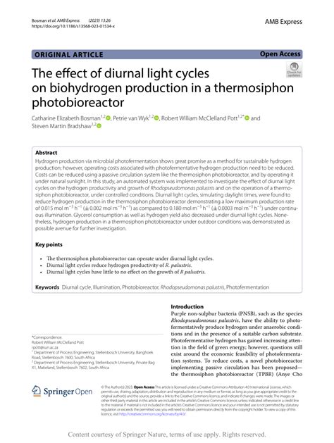 Pdf The Effect Of Diurnal Light Cycles On Biohydrogen Production In A