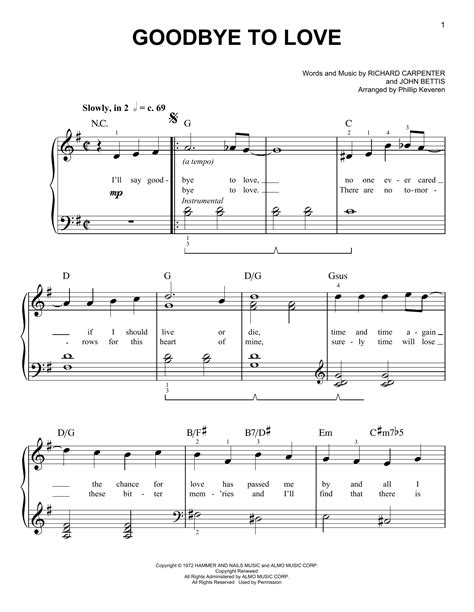 The Carpenters "Goodbye To Love" Sheet Music for Piano Solo | Download PDF - 1212054