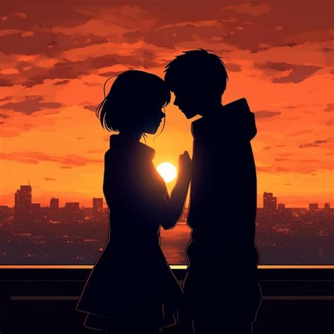 Uma silhueta de um casal e um pôr do sol Foto Premium