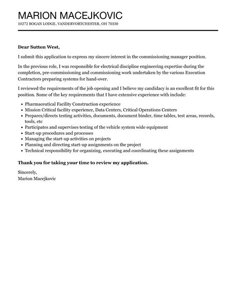 Commissioning Manager Cover Letter Velvet Jobs