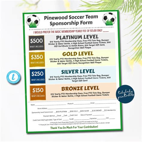 Soccer Sponsorship Form Sponsership Membership Donation Signup