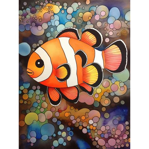 Clownfish In Colourful Bubbles Folk Art Watercolour Painting Unframed