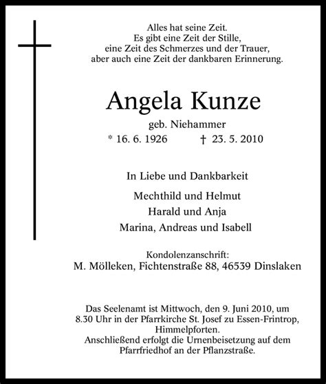 Traueranzeigen Von Angela Kunze Trauer In Nrw De