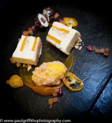 White chocolate and passion fruit terrine exotic purée coconut Food