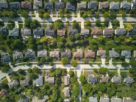 Drone Wide View of American New Suburb at Summertime. Establishing Shot ...