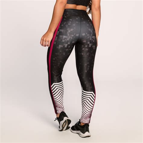 Calça Legging Suplex Estampado Preta Branco e Rosa Challenge Lot Fitness