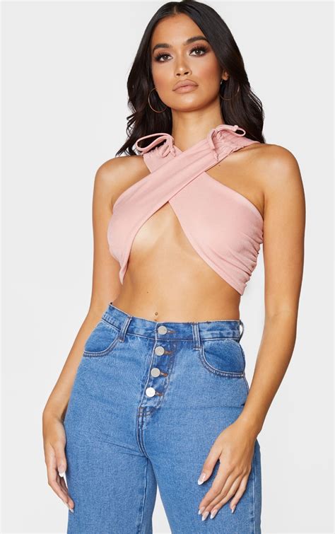 Pink Crepe Halterneck Ruched Detail Crop Top Prettylittlething