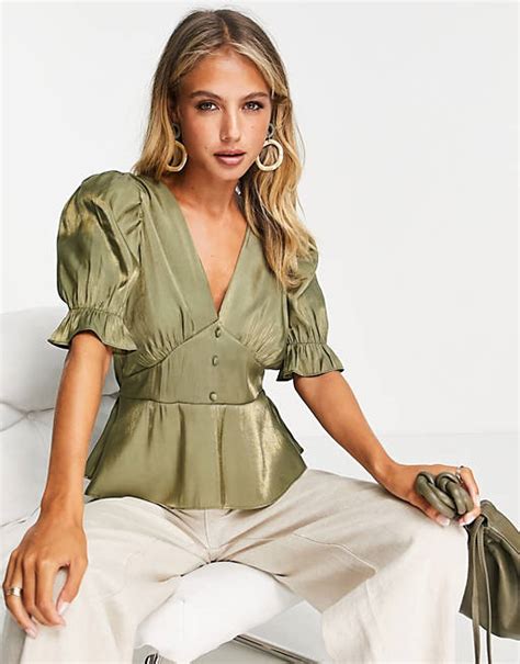 River Island Peplum Detail Satin Top In Khaki Asos