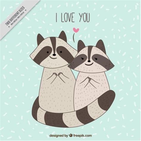 Lovely Raccoons Card Free Vector Cute Animal Drawings Love Drawings