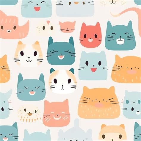 Cute Cat Face Pattern On Pastel Background Premium AI Generated Image