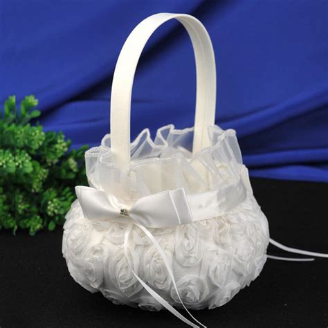 White Romantic Storage Rose Flower Baskets Bowknot Satin Wedding