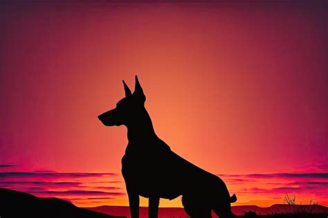 Doberman Contemplando La Silueta Del Amanecer Contra El Cielo Naranja Y