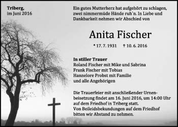 Traueranzeigen von Anita Fischer Schwarzwälder Bote Trauer