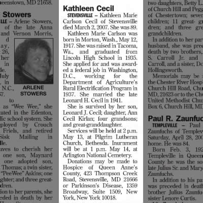 Obituary For Kathleen Marie Carlson Cecil Aged