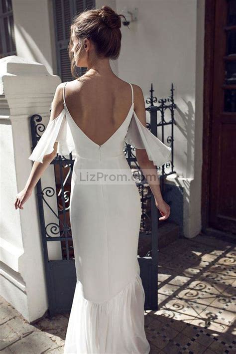 White Spaghetti Straps V Neck Off The Shoulder Evening Dress Evening