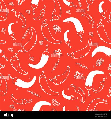 Seamless Pattern With Mexican Hot Chili Peppers On Red Background