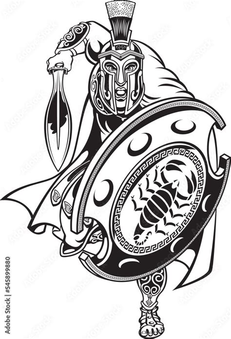 Ancient Greek warrior wearing helmet and armor holding sword and shield Stock Vector | Adobe Stock