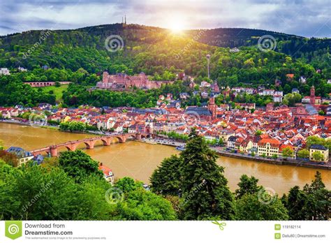 Panoramic View Of Beautiful Medieval Town Heidelberg Including C Stock